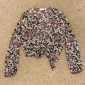 Black & Floral Front Tie JUST FAB Women's Top / Great Condition, Size L